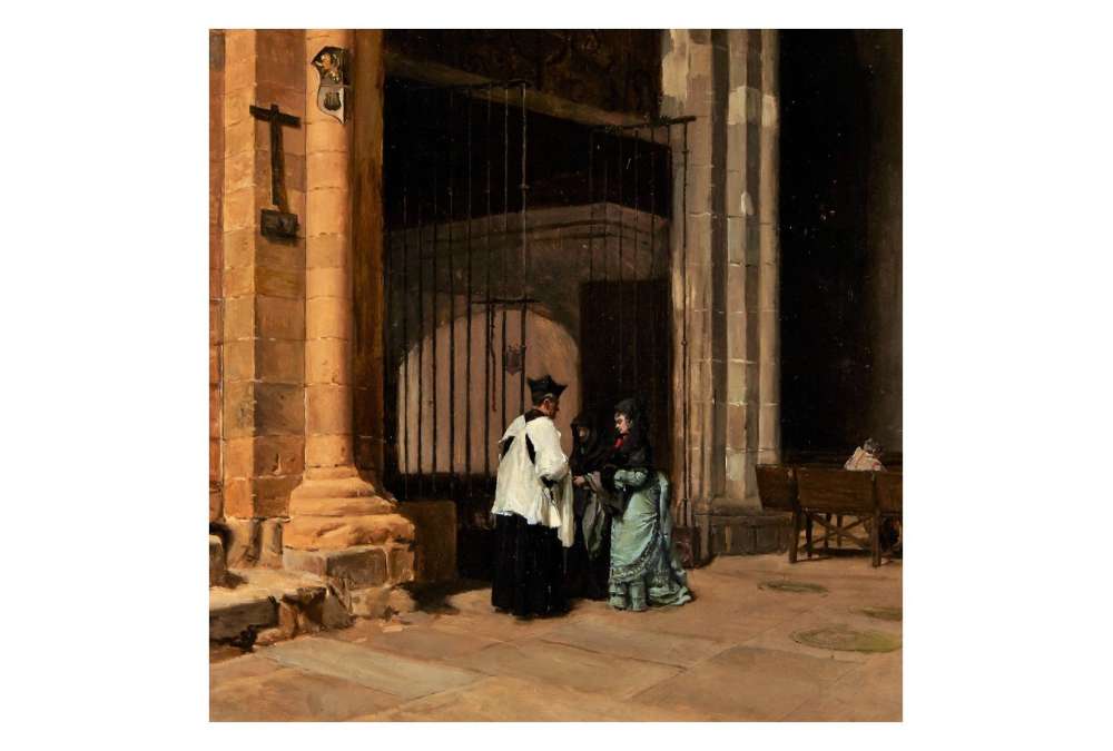 Enrique Mélida y Alinari oil on panel church interior 19th century art