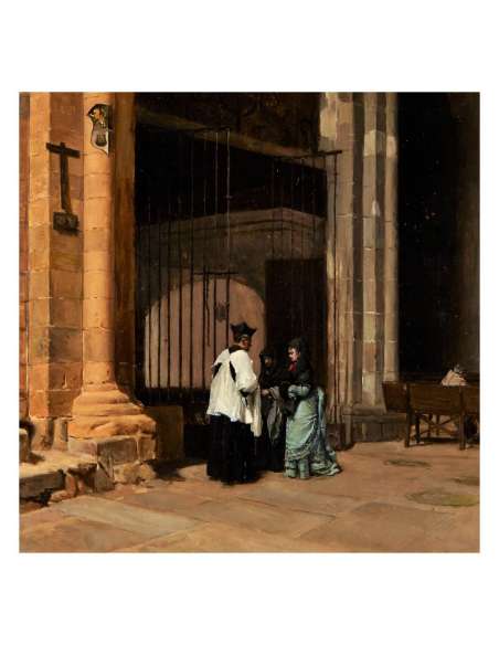 Enrique Mélida y Alinari oil on panel church interior 19th century art