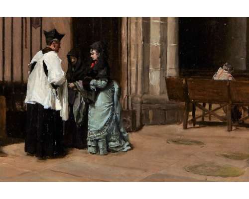 Enrique Mélida y Alinari olieverf op paneel kerkinterieur 19e eeuw 2