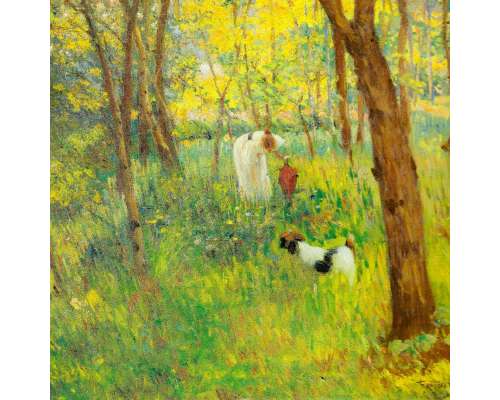 Schilderij Fréderic Ferdinand Koch vrouw plukt bloemen in bos met hond