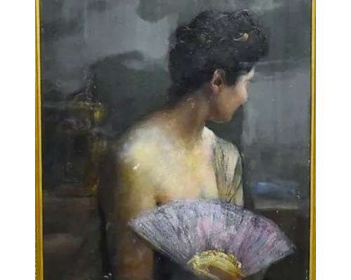 Olieverfschilderij Anita met een waaier door Luigi Brignoli klassiek portret 2