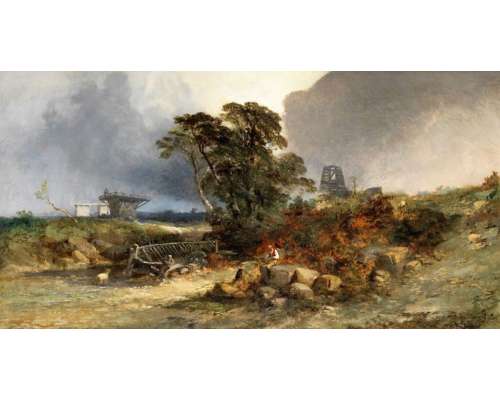 Schilderij Joseph Quinaux Herder bij de rivier 19e eeuw landschap 2