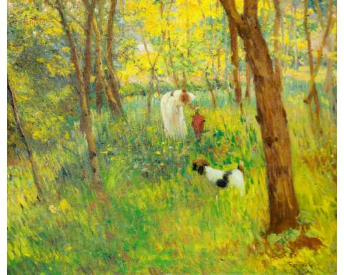 Schilderij Fréderic Ferdinand Koch vrouw plukt bloemen in bos met hond 2