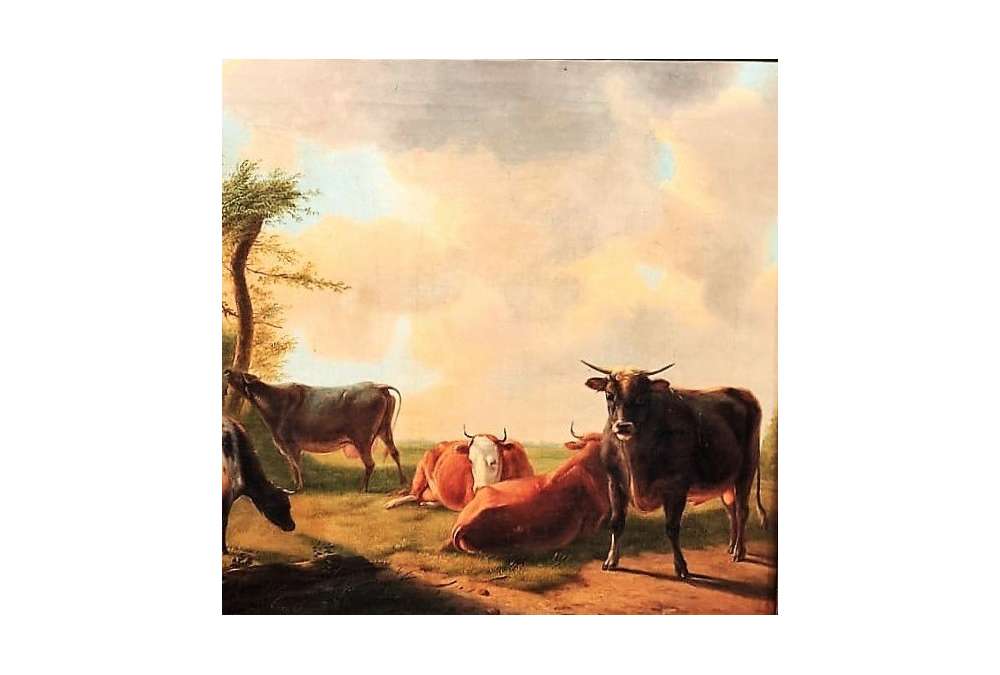 19th-century animalier art featuring a bull and cows by Verboeckhoven