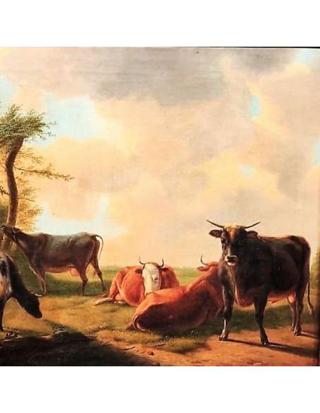 19th-century animalier art featuring a bull and cows by Verboeckhoven