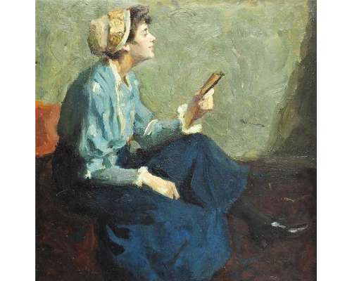 Olieverfschilderij lezende jonge vrouw Nagy Vilmos 1904