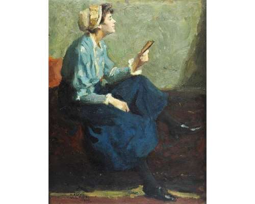 Olieverfschilderij lezende jonge vrouw Nagy Vilmos 1904 2