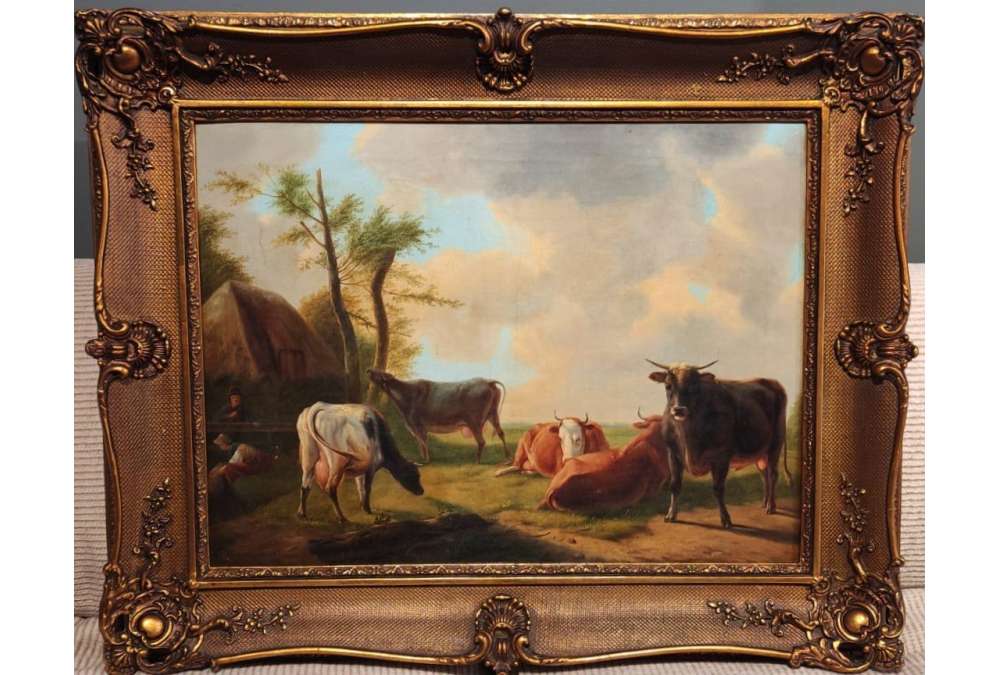 Cows and Bull in a Meadow Painting - Eugène Verboeckhoven