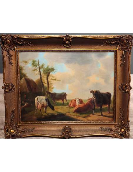 Cows and Bull in a Meadow Painting - Eugène Verboeckhoven