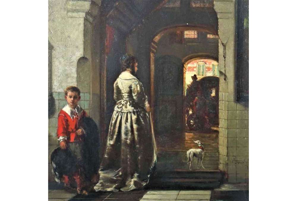 Olieverfschilderij Johannes Stroebel vrouw in zilveren jurk en jongen in rood.