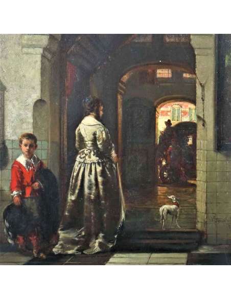 Olieverfschilderij Johannes Stroebel vrouw in zilveren jurk en jongen in rood.