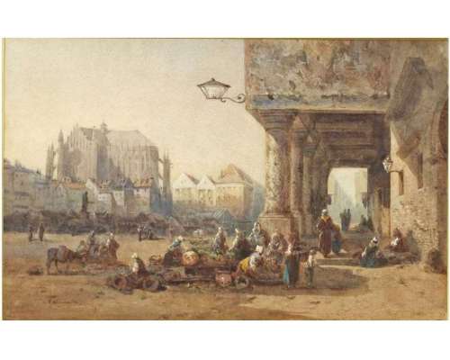 19e-eeuwse aquarel op papier “Ochtendstemming op de markt” door Palianti