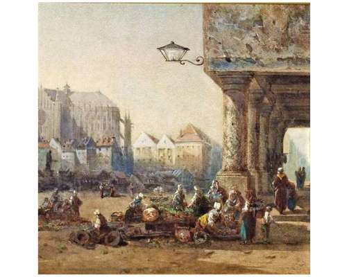 19e-eeuwse aquarel op papier “Ochtendstemming op de markt” door Palianti 2