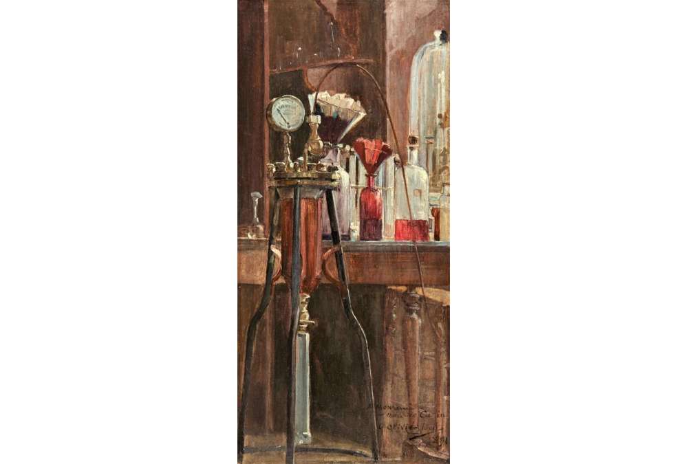 Oil on panel - Le Laboratoire by Olivié Léon
