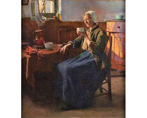 Huile sur Panneau par Aloïs Boudry - La Vieille Femme du Pêcheur