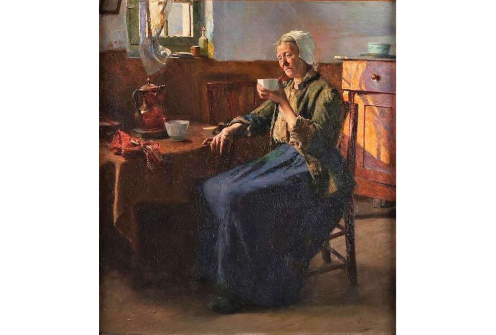 Olieverf op paneel door Aloïs Boudry - De oude vissersvrouw