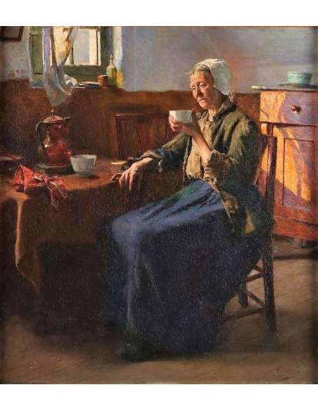 Olieverf op paneel door Aloïs Boudry - De oude vissersvrouw