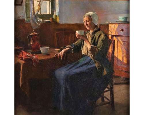 Olieverf op paneel door Aloïs Boudry - De oude vissersvrouw 2