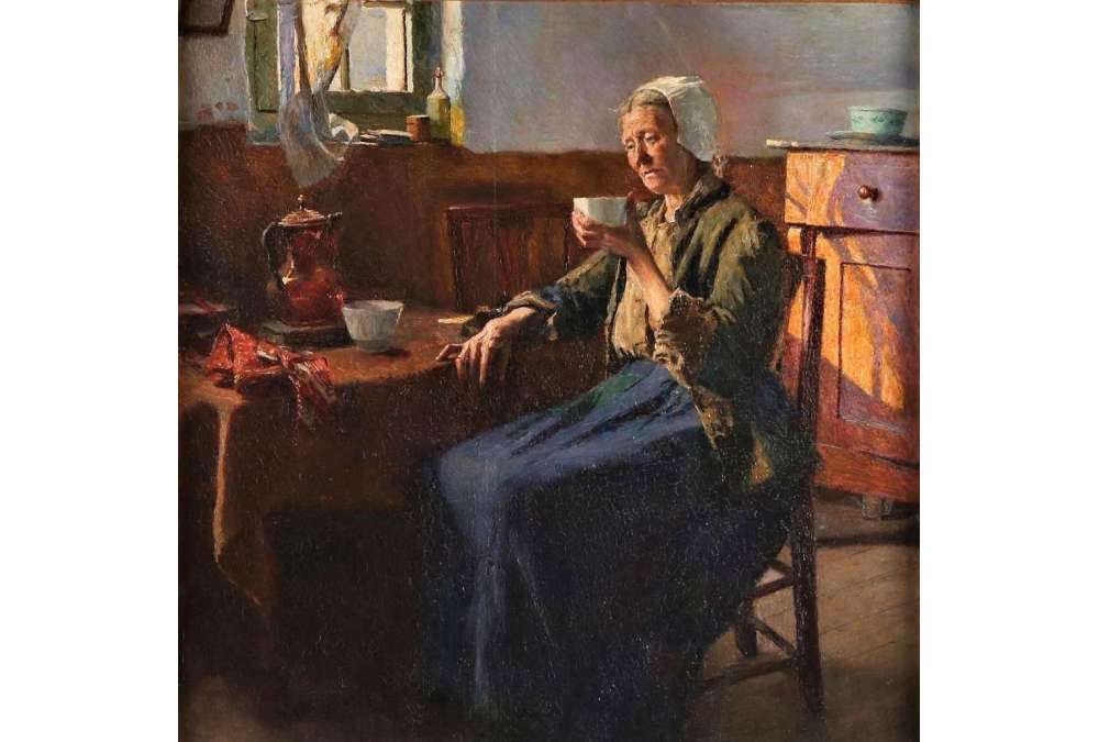 Olieverf op paneel door Aloïs Boudry - De oude vissersvrouw