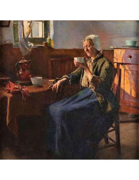 Olieverf op paneel door Aloïs Boudry - De oude vissersvrouw