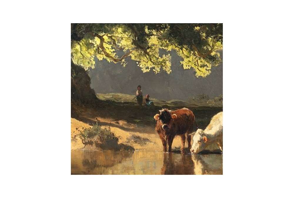 Pastorale Scène olieverf op paneel door Joseph Wenglein