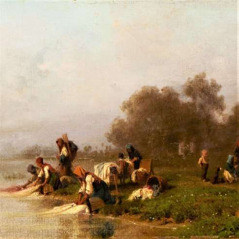 Girardet Karl (1813-1871)+ Oil on canvas+ Washerwomen by the river