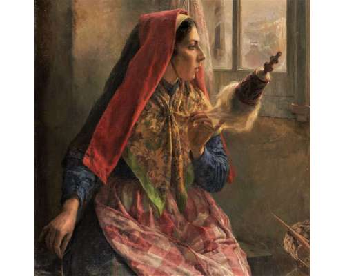 Lacoste J. Edward+Olieverf op doek+ La fileuse marocaine (De Marokkaanse garenspinster)