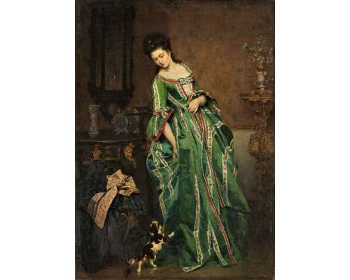 Linder, Lambert (1841-1889)+Oil on canvas, mounted on plate+ Lady with dog 2