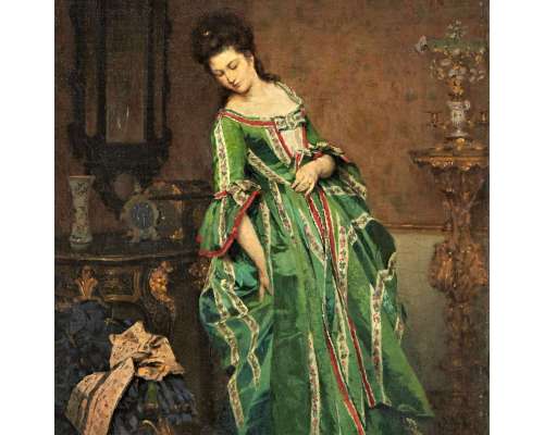 Linder, Lambert (1841-1889)+ Olieverf op doek, gemonteerd op plaat+Dame met hond