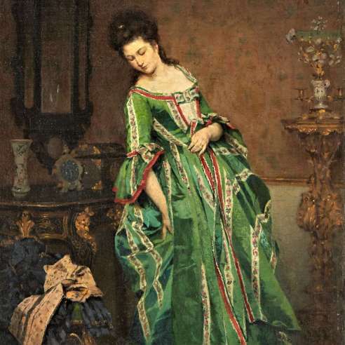 Linder, Lambert (1841-1889)+Huile sur toile, montée sur panneau+ Dame avec chien