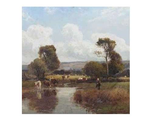 Manners William (1860-1930)+Oil on panel, Cows at the Watering Place''