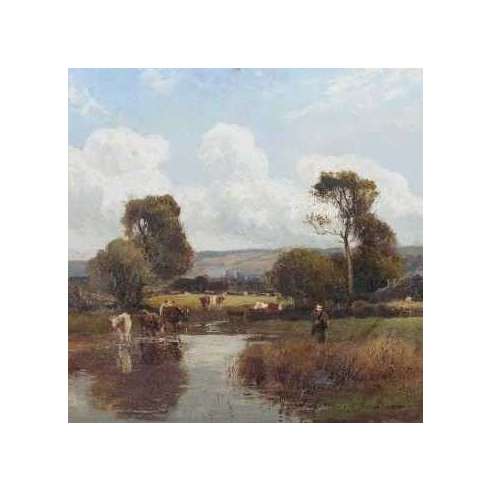 Manners William (1860-1930)+Oil on panel, Cows at the Watering Place''