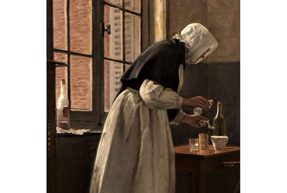 Huile sur toile Scène de genre L'Heure du goûter  par Moreau-Deschanvres