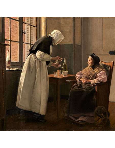 Oil on canvas Genre scene L'Heure du goûter by Moreau-Deschanvres