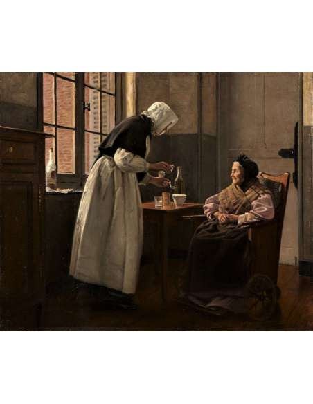 Huile sur toile Scène de genre L'Heure du goûter  par Moreau-Deschanvres