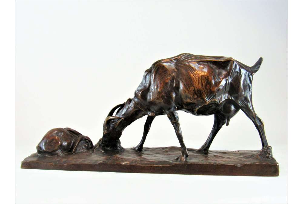 Bronze statue of goat and rabbit By Josuë Dupon