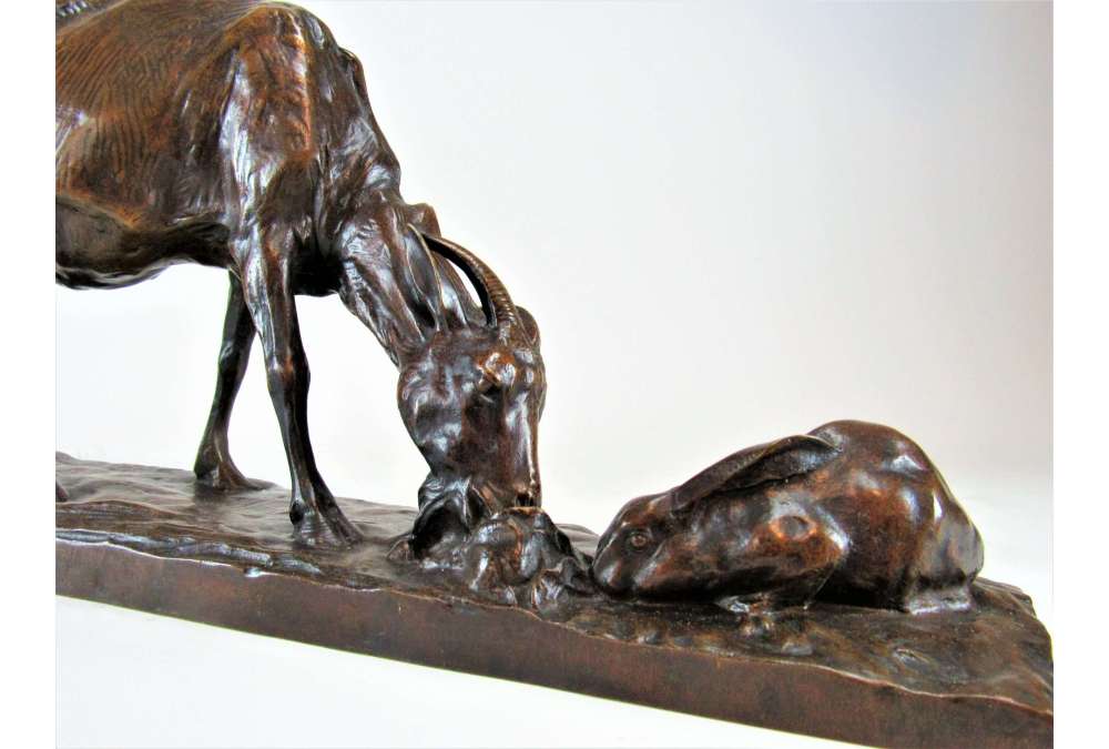 Bronze statue of goat and rabbit By Josuë Dupon