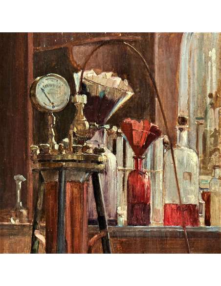 Oil on panel - Le Laboratoire by Olivié Léon