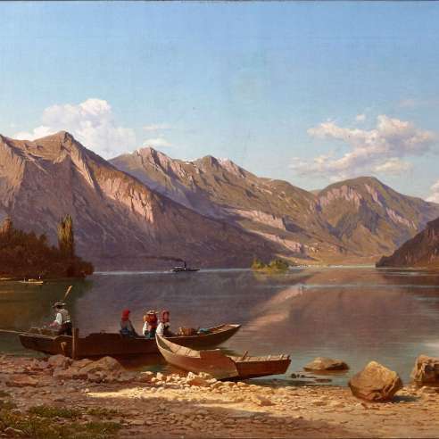 Antique Oil on Canvas - Swiss Alpine Lake by François Roffiaen