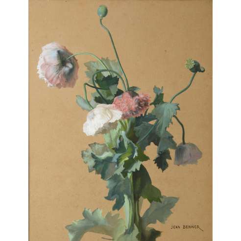 Benner Jean (1836-1909)+ Gouache on paper, Poppies