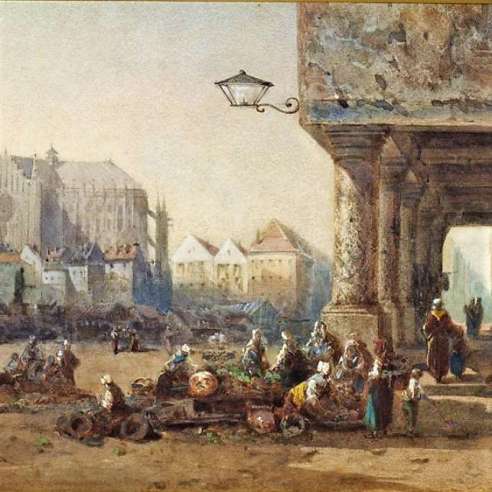 Palianti Charles Marie (1815-XX)+ Aquarelle sur papier,  Ambiance matinale sur le marché