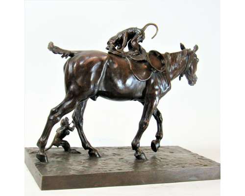 Auguste Vimar - Sculpture Bronze Animalière - Cheval et Singes de Bohème 2