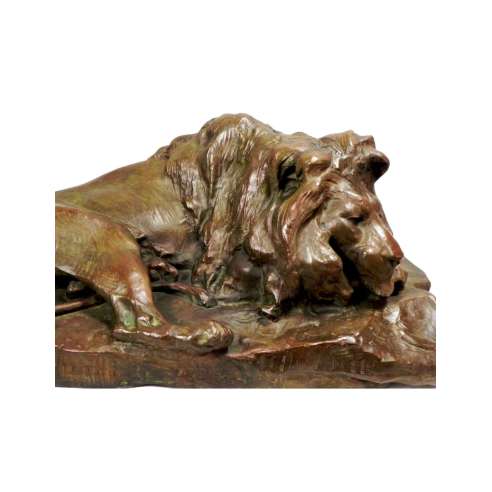 Lion Lying Bronze Sculpture by Josuë Dupon