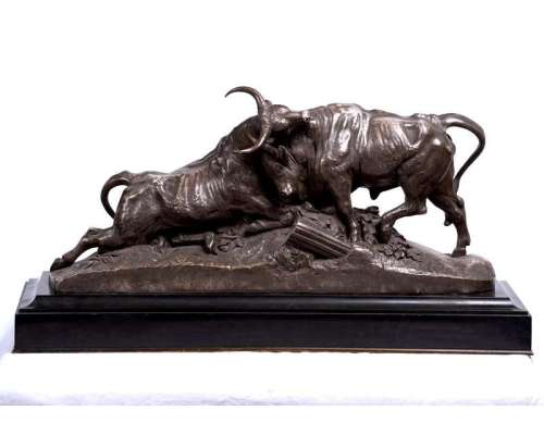 Sculpture de combat de taureaux en bronze par Auguste Clesinger
