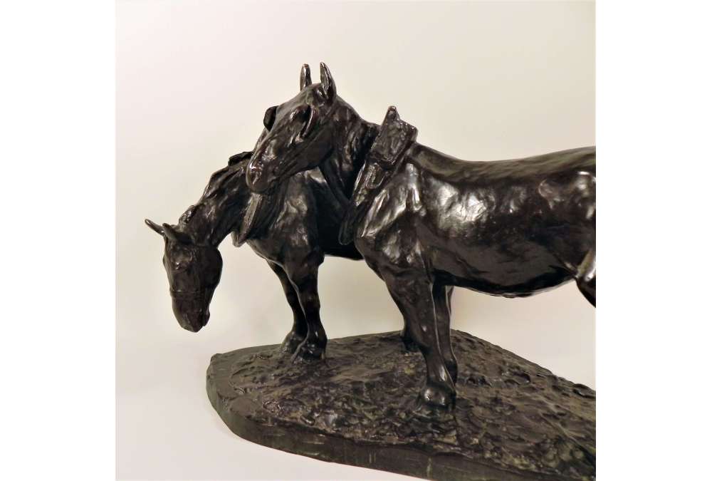 Sculpture en Bronze de Chevaux de Trait par Albert Hager