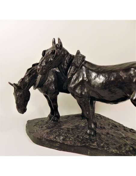 Sculpture en Bronze de Chevaux de Trait par Albert Hager