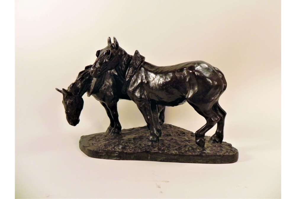Sculpture en Bronze de Chevaux de Trait par Albert Hager