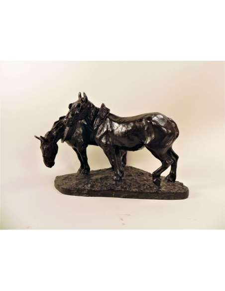 Sculpture en Bronze de Chevaux de Trait par Albert Hager