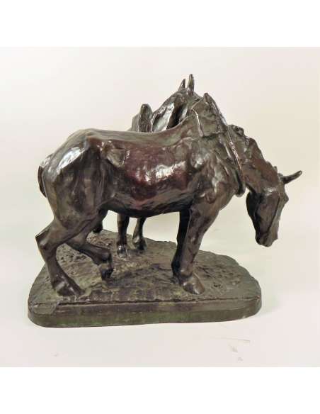 Sculpture en Bronze de Chevaux de Trait par Albert Hager