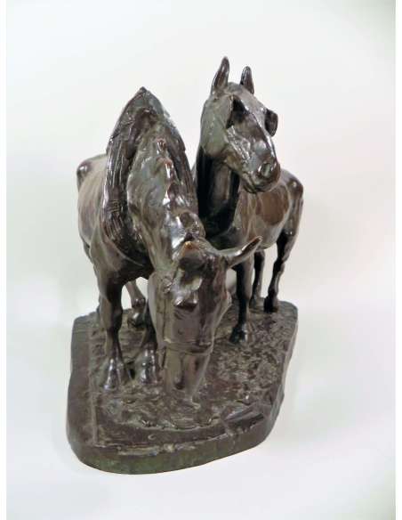 Sculpture en Bronze de Chevaux de Trait par Albert Hager